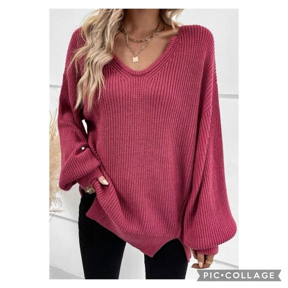 Sweaters - Burgundy V Neck Oversized Sweater Sm